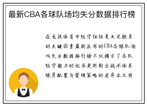 最新CBA各球队场均失分数据排行榜