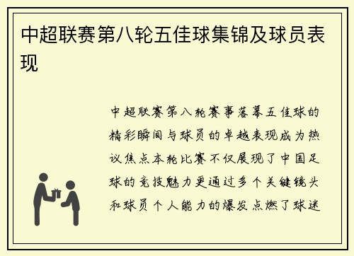 中超联赛第八轮五佳球集锦及球员表现