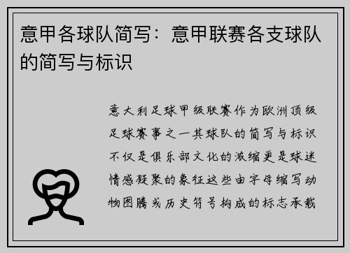 意甲各球队简写：意甲联赛各支球队的简写与标识
